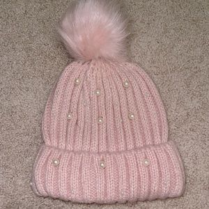 Pink pearl puff beanie